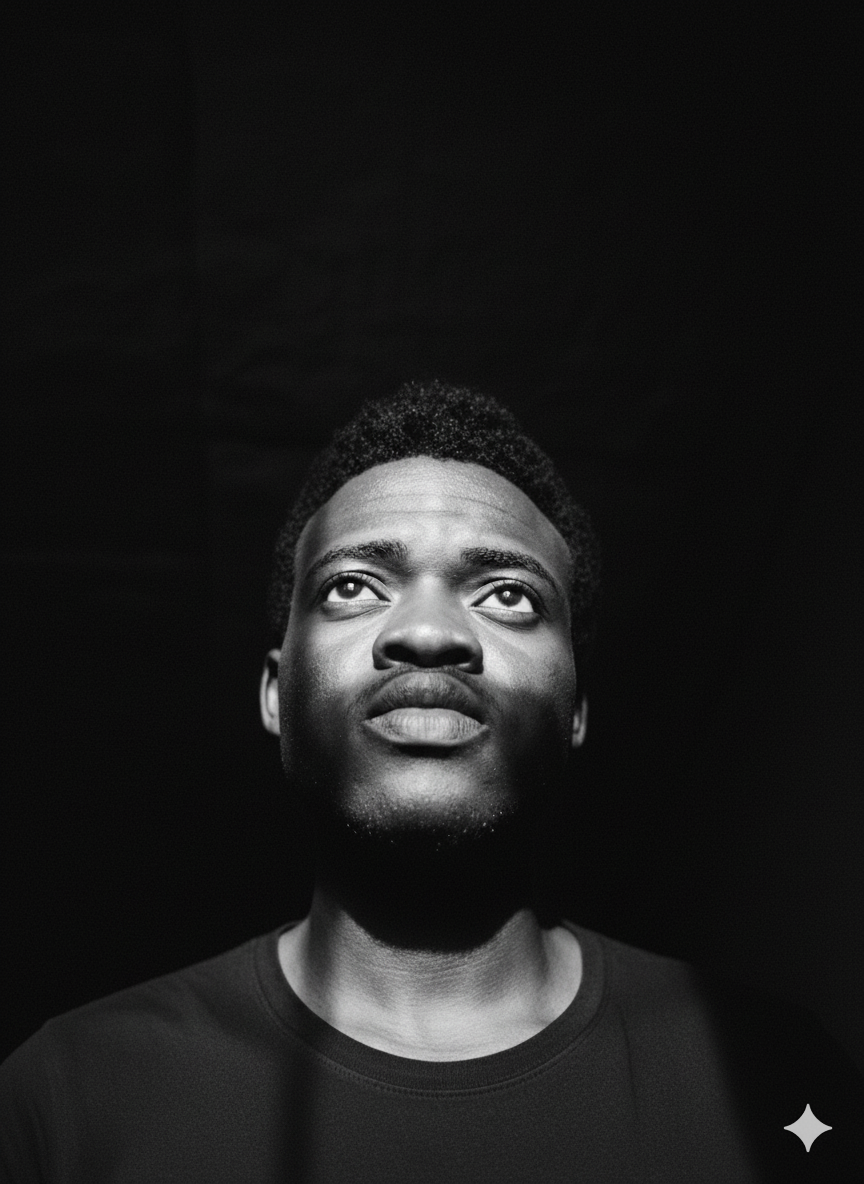 Black and white portrait of Joshua Nuru